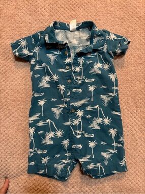 Carter's Teal Short-Sleeve Palm Print One-Piece Romper